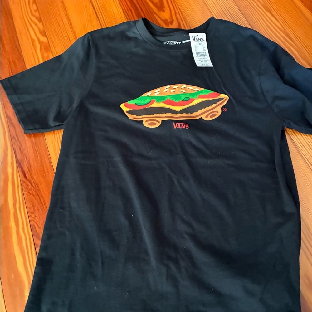 Vans Black Tee with Hamburger Skateboard Graphic NWT